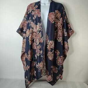 Boho Floral‎ Kimono Shawl Open Front Navy Blue One / Free Size Festival